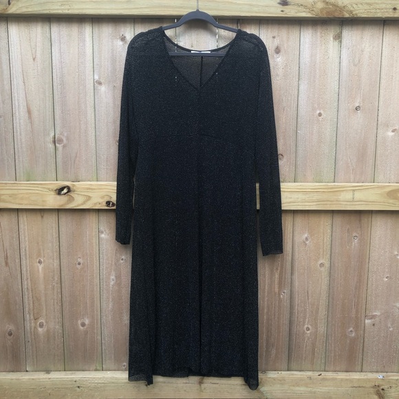 Zara Dresses & Skirts - Zara Black Mesh Midi Dress Size L Long Sleeve Metallic Swim Cover V-neck Stretch